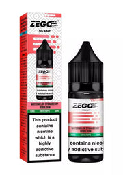 A product image showing a 10ml bottle of Zego Nic Salt E-Liquid in Watermelon Strawberry Bubblegum flavor, along with its packaging that highlights the nicotine content and flavor profile.